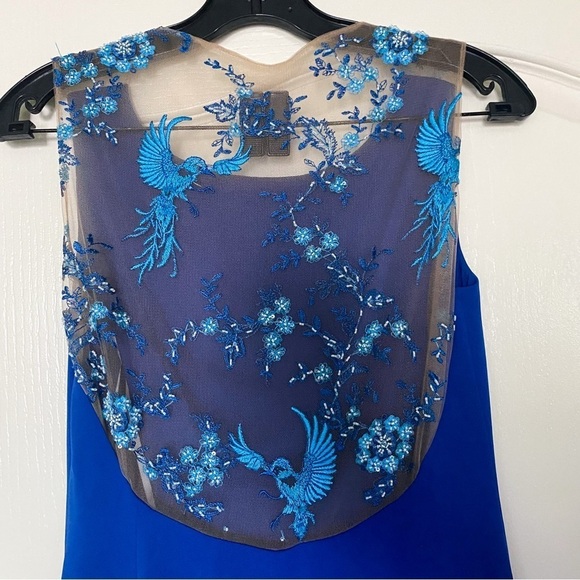 Marchesa Notte Dress Floral Bird Embroidered Mesh Mermaid Maxi Blue 4 NWT - Picture 8 of 9